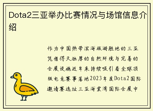 Dota2三亚举办比赛情况与场馆信息介绍