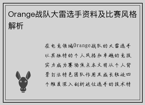 Orange战队大雷选手资料及比赛风格解析